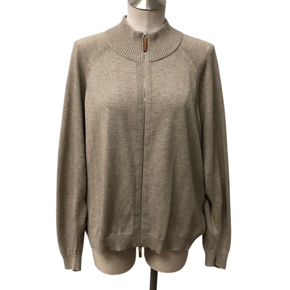 Lafayette 148 Cardigan Womens 1X Plus Taupe Cotton Cashmere Zip Minimalist